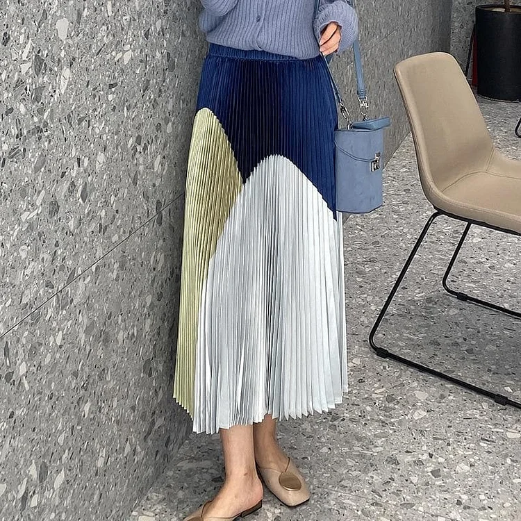 Elegant High Waist Color Block Splicing Pleated A-line Skirt