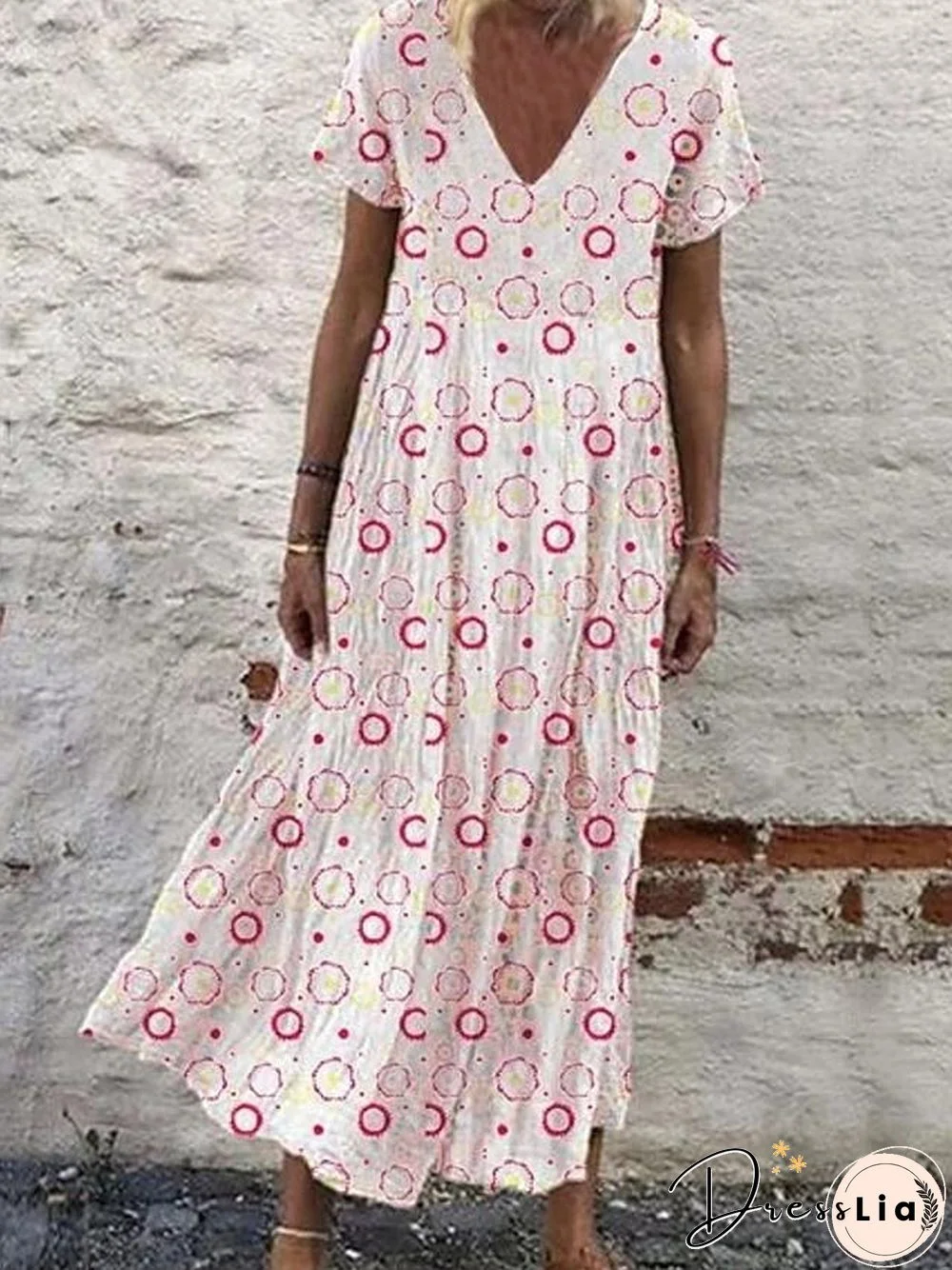 Women's Swing Dress Midi Dress Short Sleeve Geometric V Neck Loose White Yellow Blushing Pink Light Blue S M L XL XXL 3XL