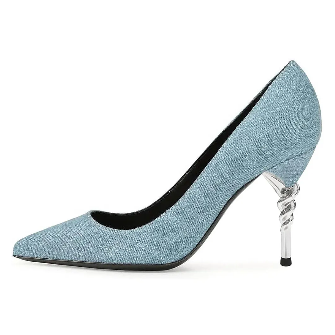Classic Blue Denim Pointed Toe Pumps Shoes with Sculptural Heel