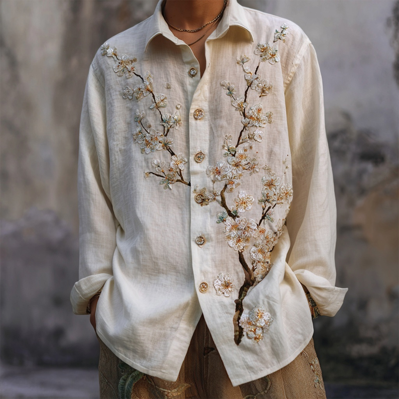 Men's Vintage Cherry Blossom Embroidered Linen Blouse  artssus
