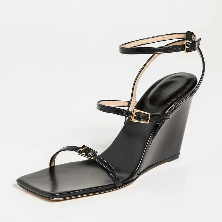 Black Open Square Toe Gold Buckled Straps Wedge Sandals for Women |FSJ Shoes