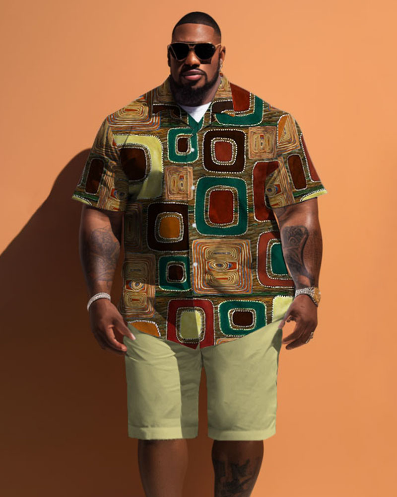 Men's Plus Size Simple Casual J Color Geometric Square Print Shirt Shorts Suit