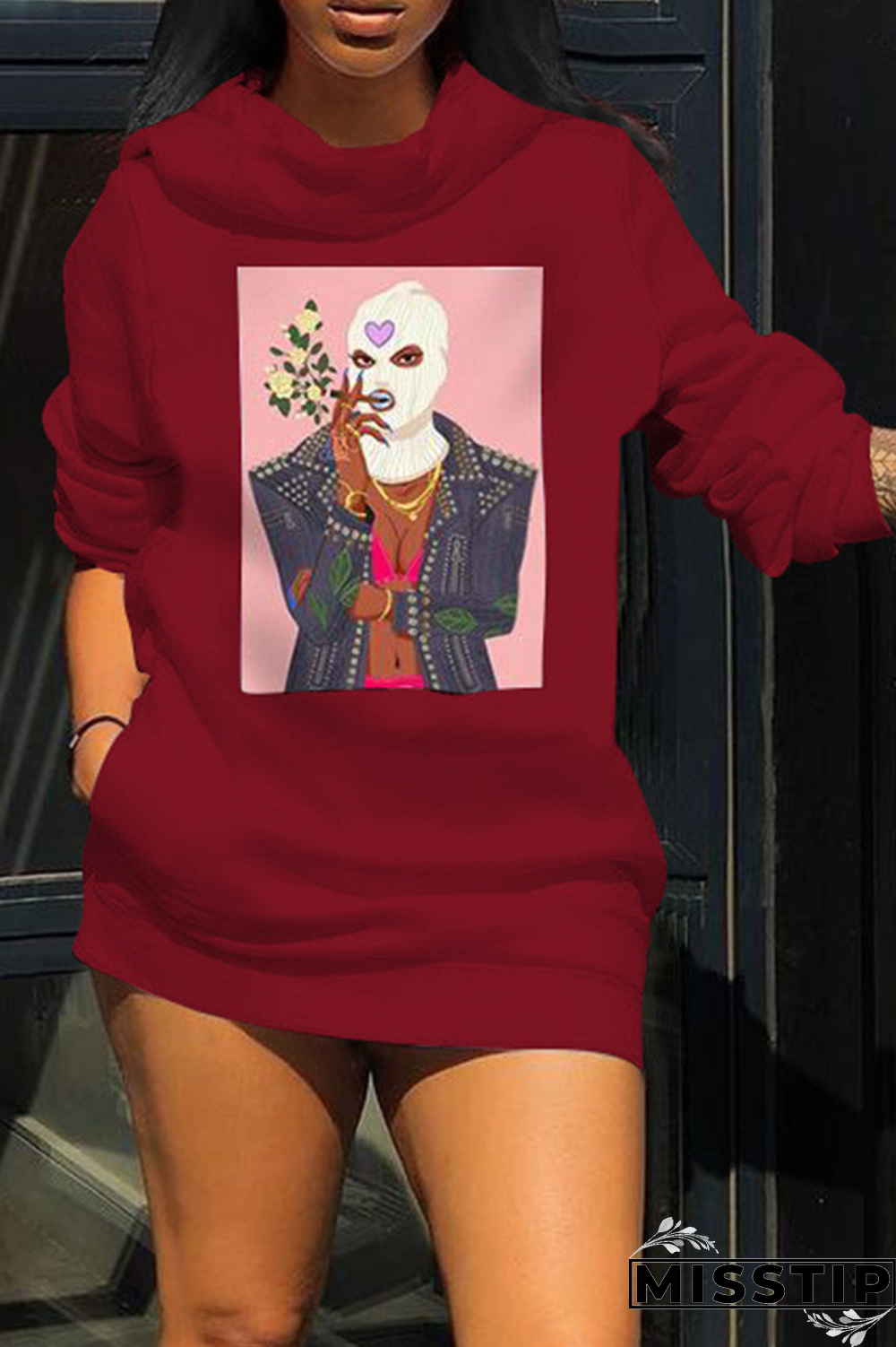 Burgundy Fashion Print Patchwork Hooded Collar Plus Size Dresses