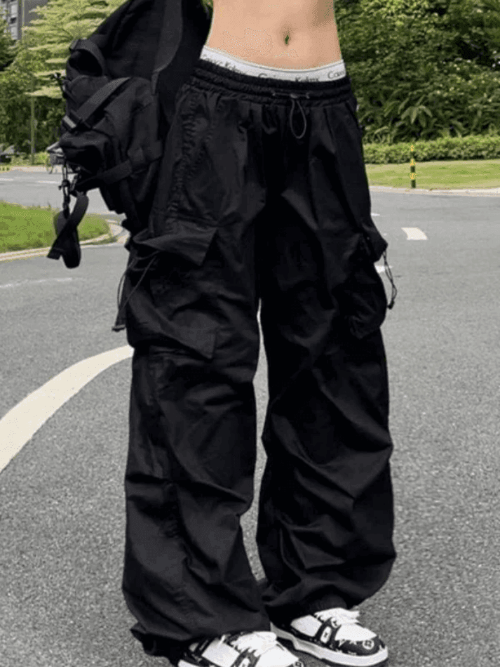 Brownm Punk Ruched Baggy Cargo Pants