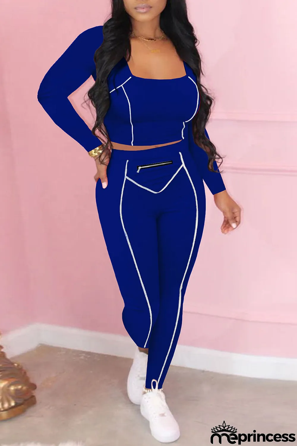 Tangerine Red Casual Solid Split Joint Zipper U Neck Long Sleeve Two Pieces