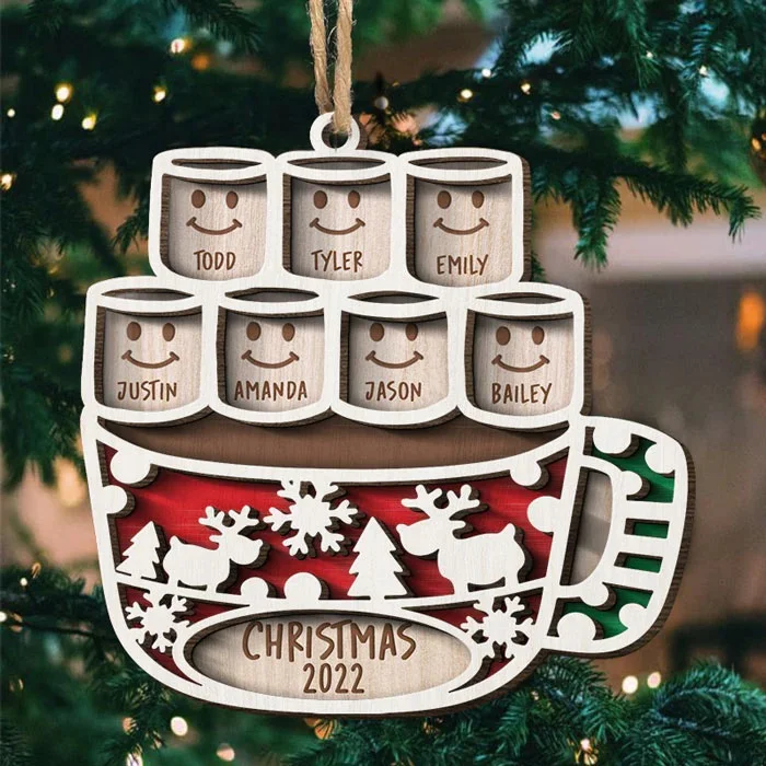 Christmas Family Ornament Custom 7 Names Coffee Cup Layered Wood Christmas Ornament
