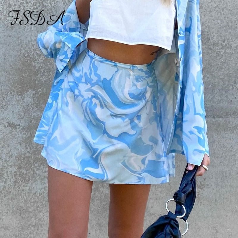 FSDA 2021 Blue Y2K Print Skirts Women High Waist Summer A Line Mini Tie Dye Harajuku 90S Sexy Casual Party Skirts Vintage