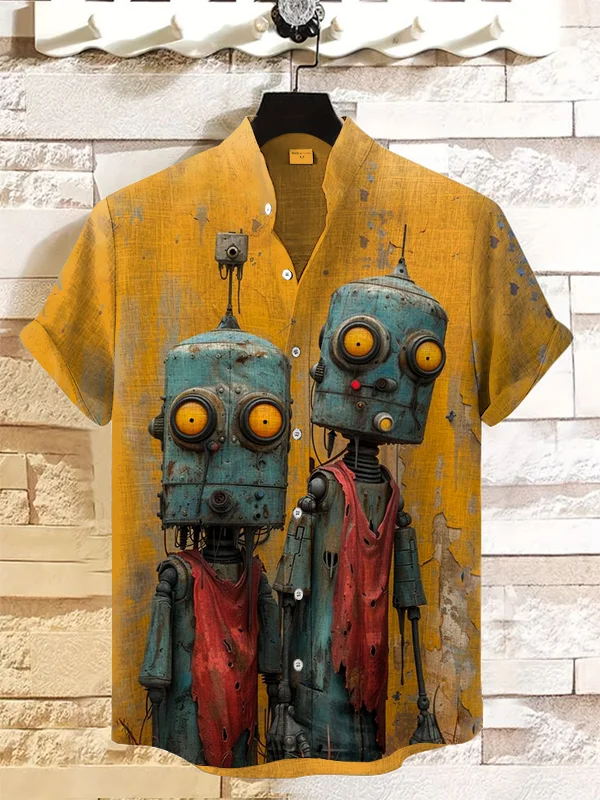 Men's Retro Robot Print Casual Short Sleeve Shirt