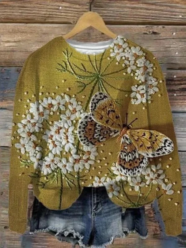Women's Embroidered Butterfly Art Print Sweatshirt