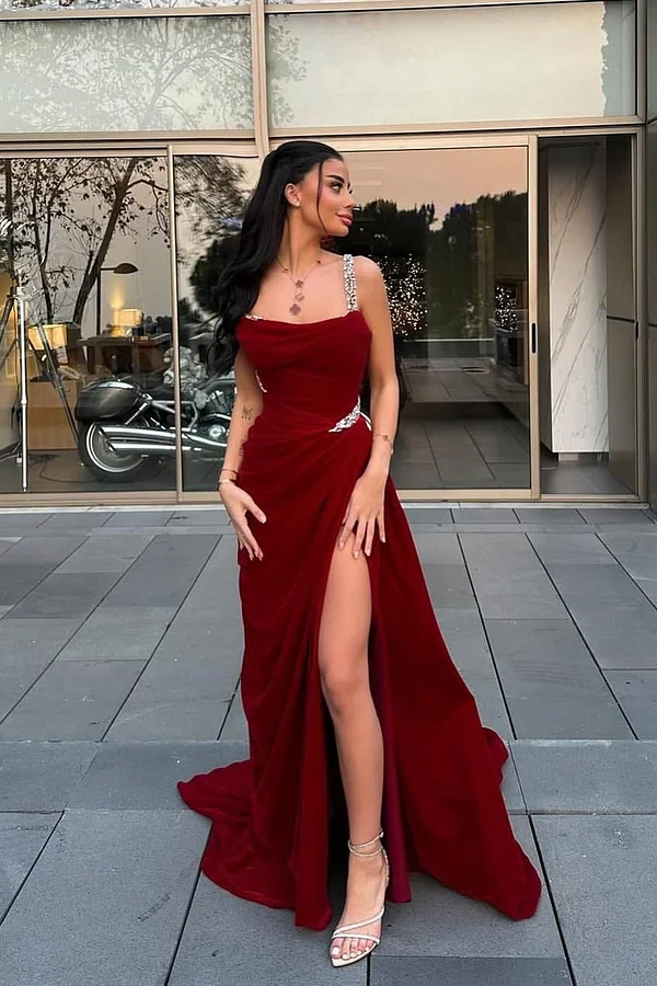 Daisda Red Sleeveless Spaghetti Straps Mermaid Beads Prom Dress 