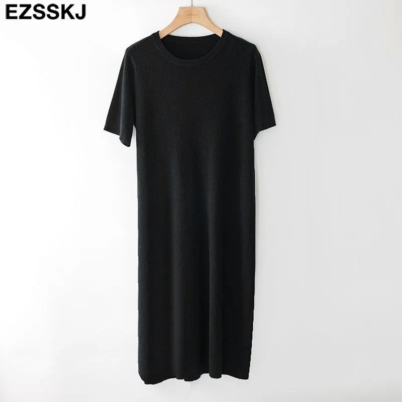 short sleeve straight spring autumn straight maxi sweater dress women o-neck long knit  dress elegant female loose knit dress