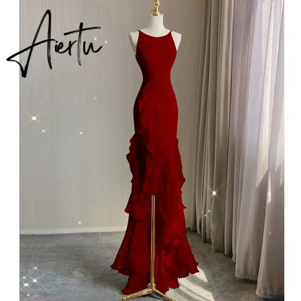 Aiertu Elegant White Round Neck Slim Fit Sleeveless Women Wedding Dress Evening Party Gown with Ruffles Vestidos De Novia Aiertu