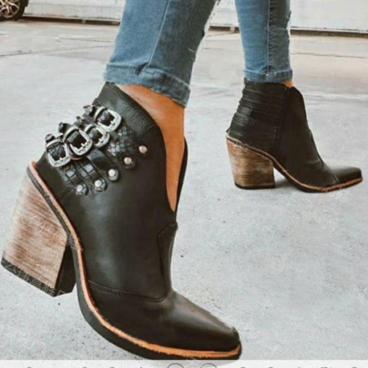 Women's Leather Buckle Rivet High Heel Martin Boots