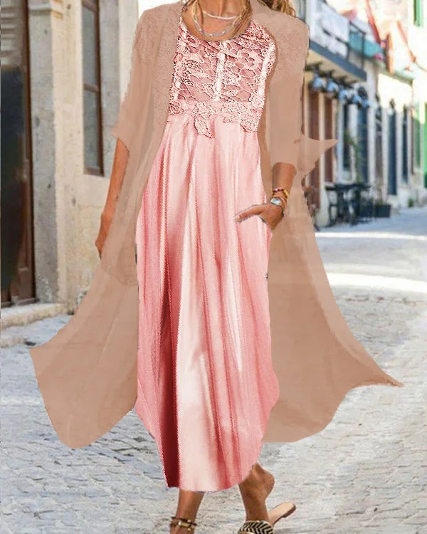 Fake Two Piece Casual Crew Neck Printed Maxi Dress S-5XL