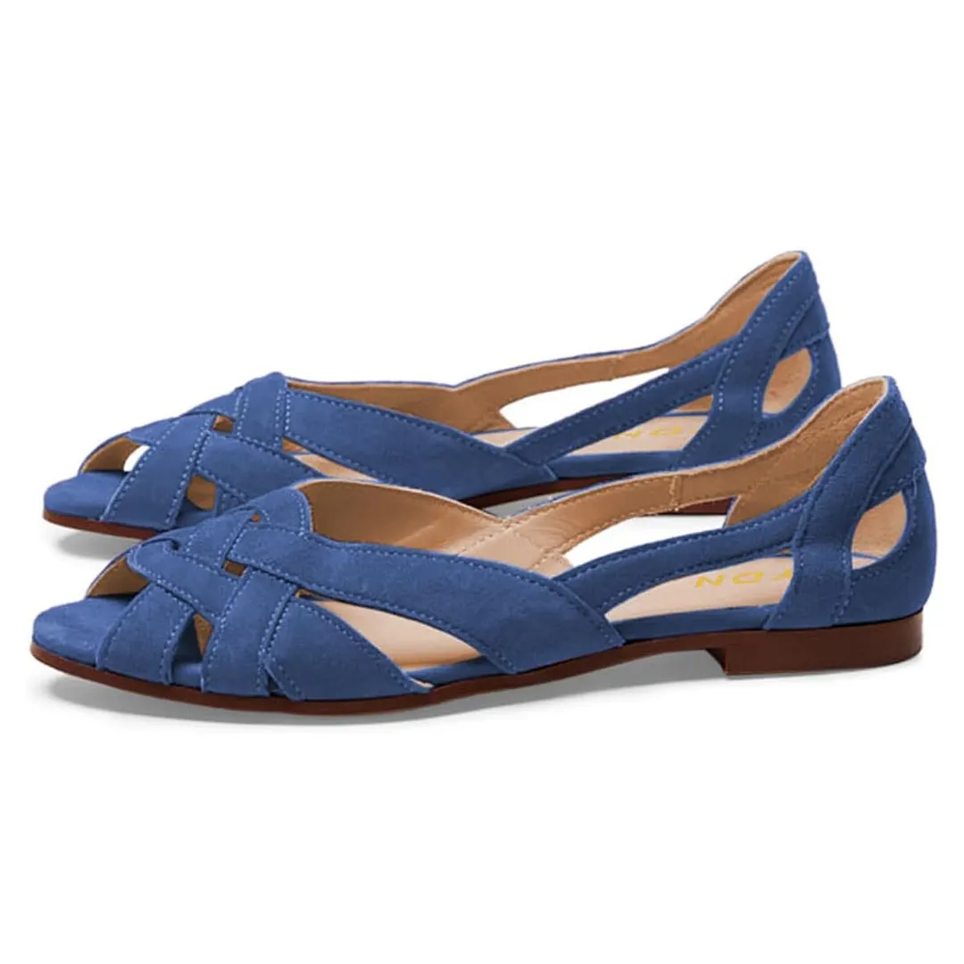 YDN Blue Vegan Suede Peep Toe Cut-Out Flat Sandals for Women