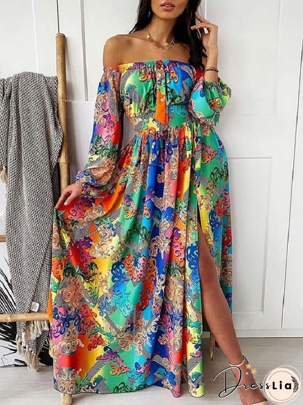 V-neck Pullover Vintage Large Swing Split Print Dress