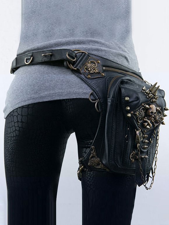 Steampunk  Handbag Black PU Leather Rivets Skeleton Waist Pack Gothic Bag Novameme