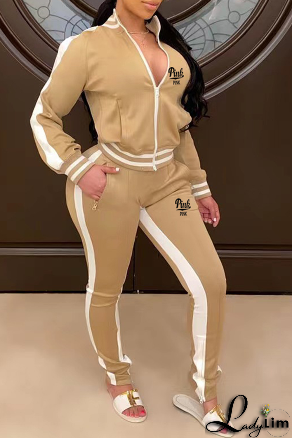 Black Yellow Casual Print Slit Zipper Collar Long Sleeve Two Pieces