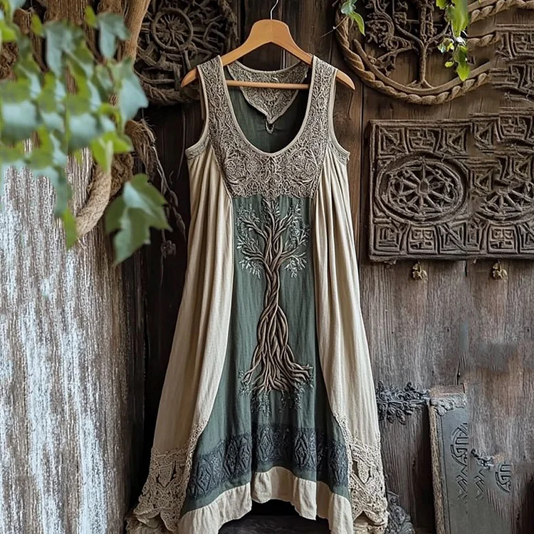 VChics Viking Celtic Knot Patchwork Art Linen Tank Dress