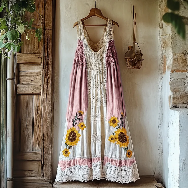 VChics Boho Sunflowers Embroidered Gradient Lace Patchwork Linen Dress