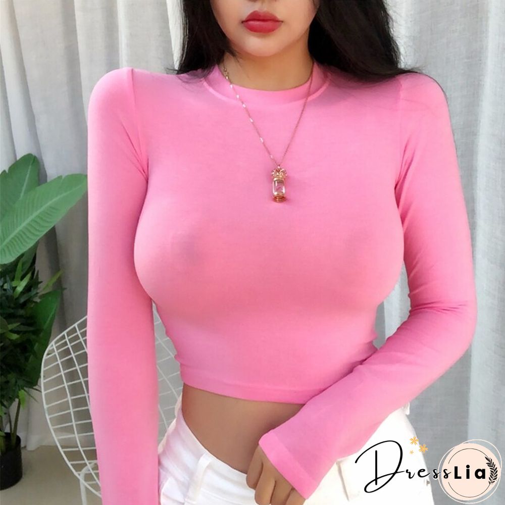 O Neck White Crop Top Women Summer Casual T Shirt Basic Sexy Streetwear Slim Sexy Black Long Sleeve Tops