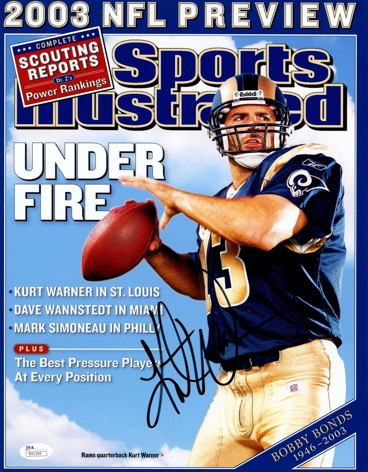 Kurt Warner Signed 11x14 Photo Poster painting JSA COA Signature Autograph Rams HOF SI Auto MVP