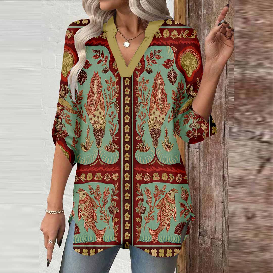 Women Tropical, Red, Green DZGA0083 3/4 Sleeve V-neck Printed Graphic Button Tops