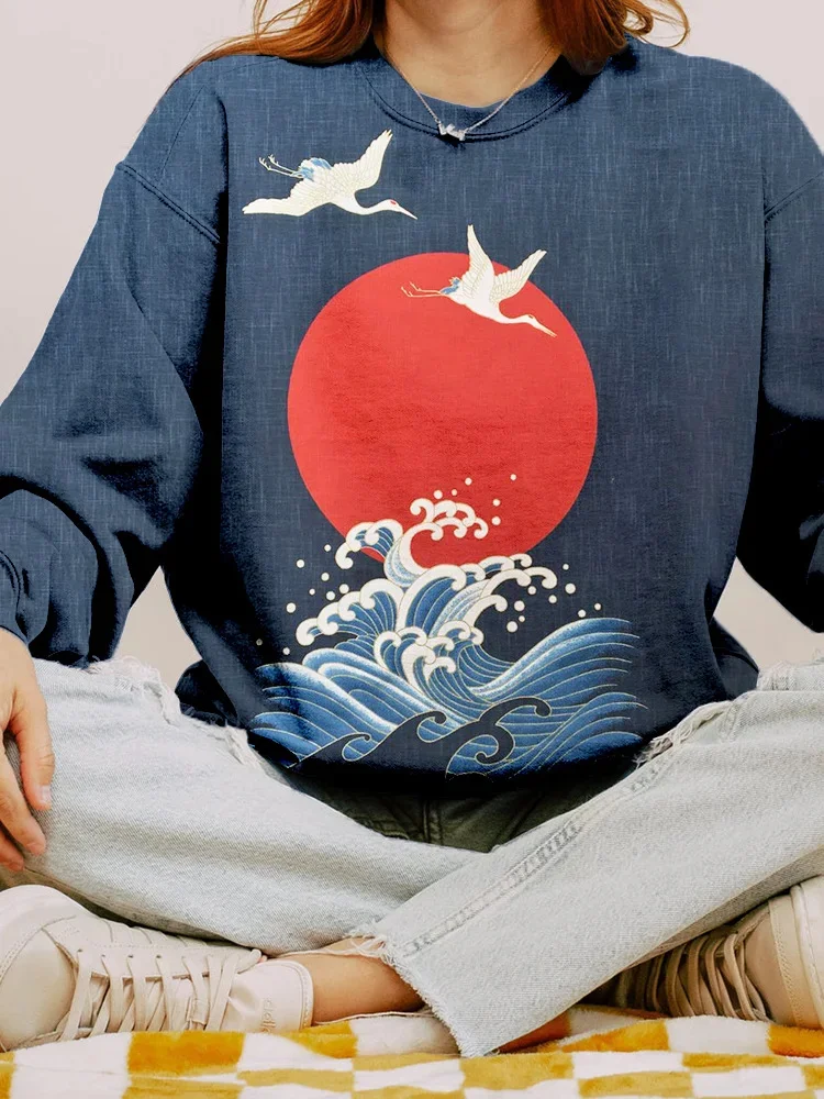 Cranes & Sunrise Japanese Art Vintage Washed Sweatshirt / DarkAcademias /Darkacademias