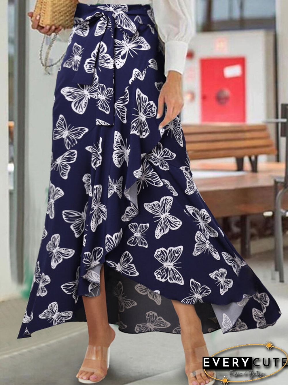Butterfly Print Elastic Waist Ruffle Hem Mermaid Skirt