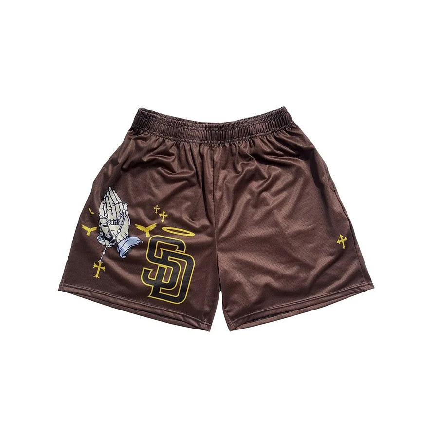 Sopula Chocolate Padre Prayer Hands Print Graphic Mesh Shorts
