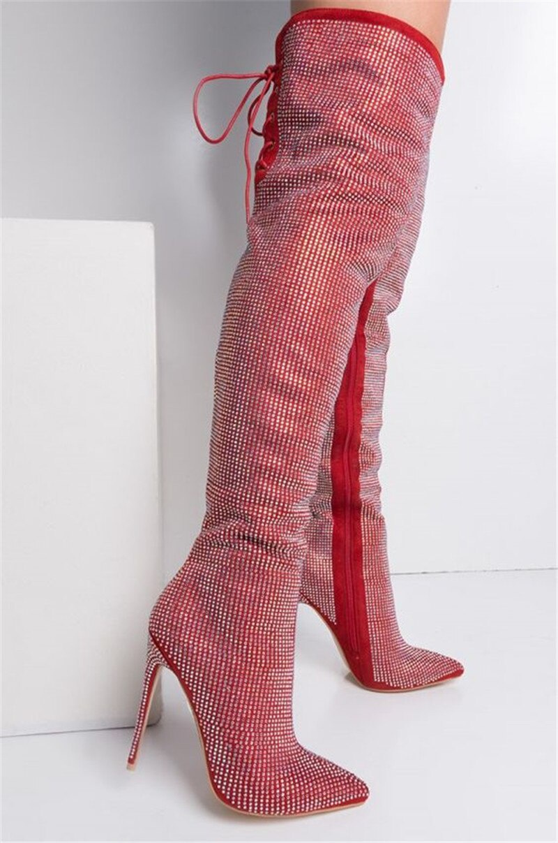 GOOSHOE Women Bling Rhinestone Thigh High Boots Woman Crystal Pointed Toe Over The Knee Boots Woman Plus Size