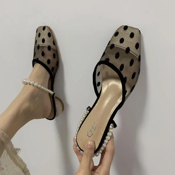 Square heel Shoes Mules For Women 2020 Ladies' Slippers Luxury Slides String Bead Pantofle Low Block Designer New Rome Hoof