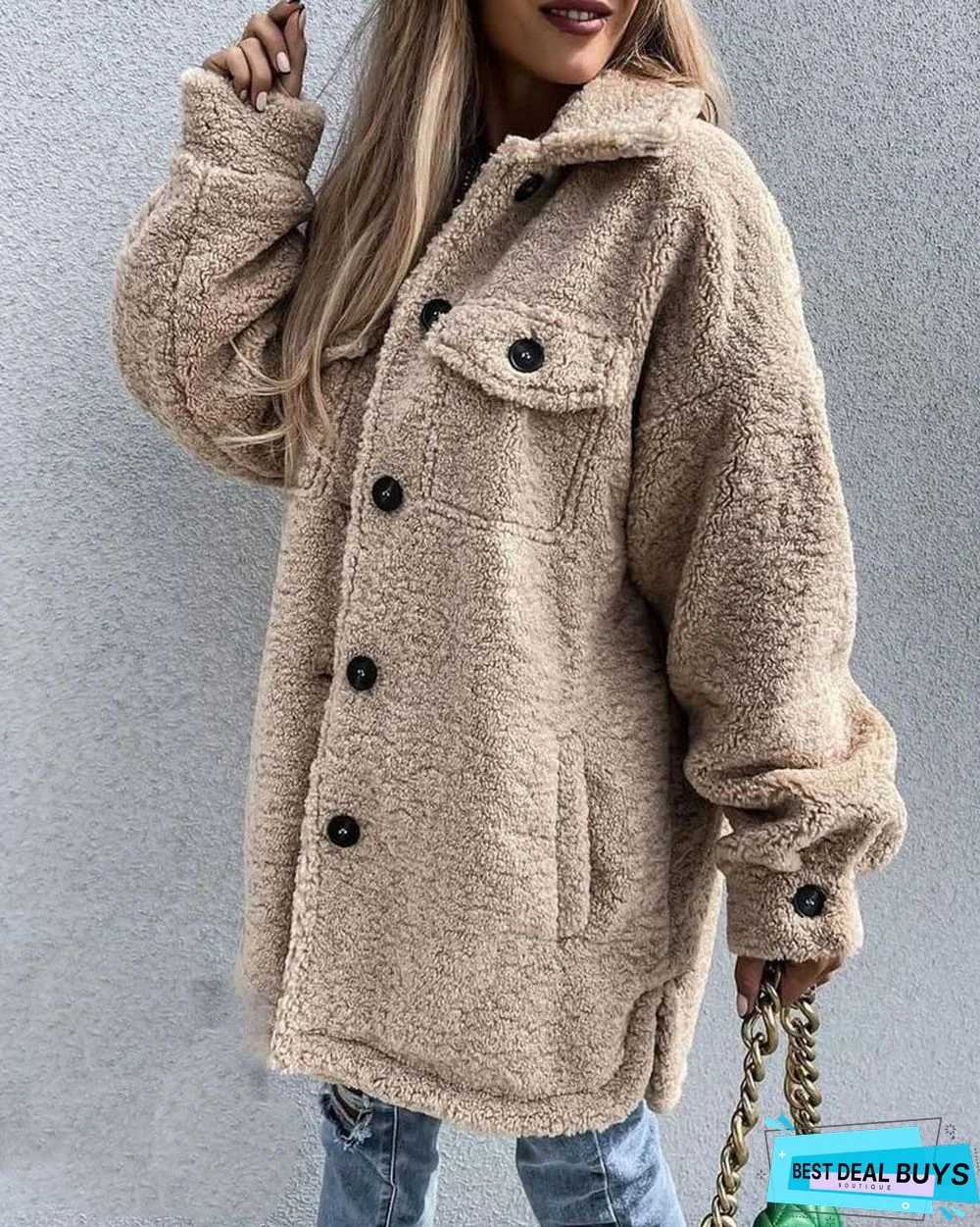 Long Sleeve Flap Pocket Button Down Teddy Coat