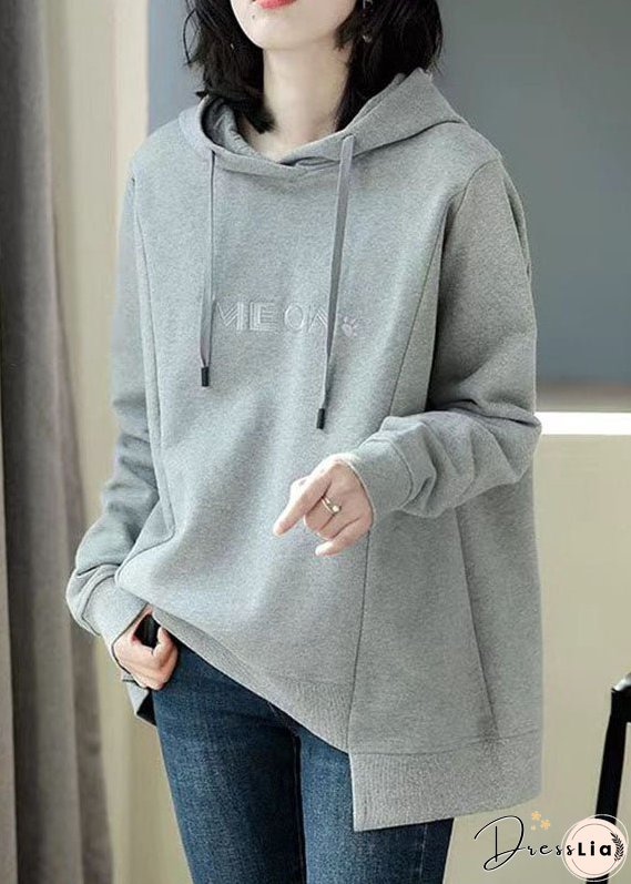 Simple Grey Asymmetrical Graphic Print Drawstring Cotton Sweatshirt Long Sleeve