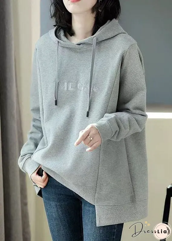 Simple Grey Asymmetrical Graphic Print Drawstring Cotton Sweatshirt Long Sleeve