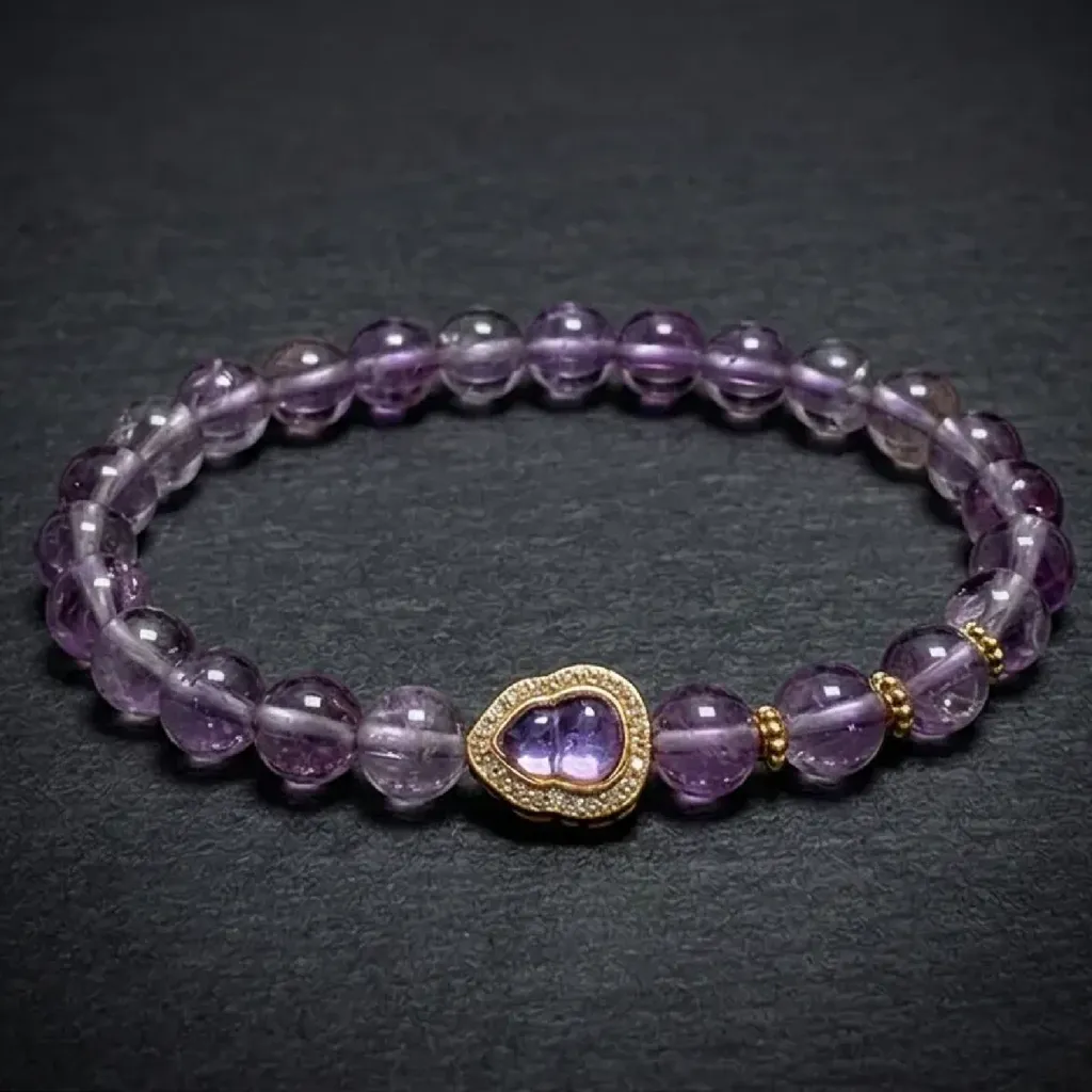 JiStones Serene Amethyst Prosperity Bracelet with Handcrafted Gourd Charm 6mm Delicate Violet