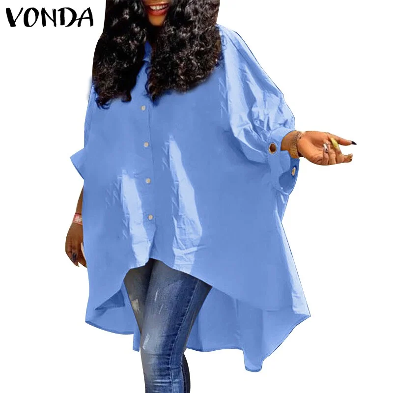 VONDA Women Blouse Office Shirts 2022 Summer Casual Lapel Button Up Baggy 3/4 Sleeve Solid Tops Tunic Bohemian Blusas Femininas