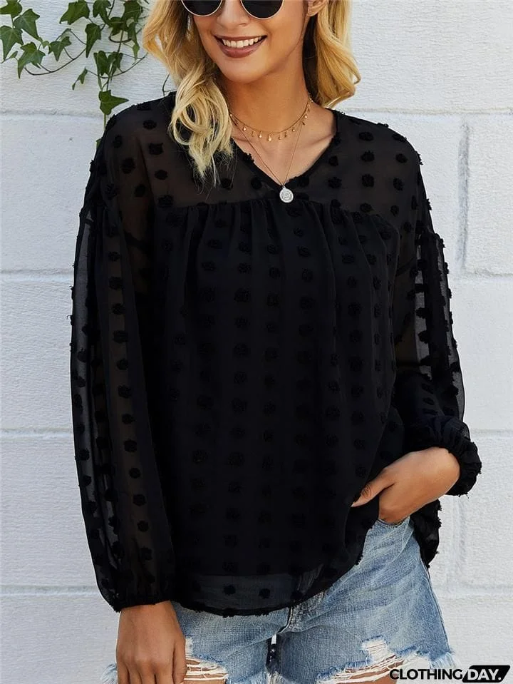 Relaxed Fit Oversized V Neck Semi Sheer Long Sleeve Swiss Dot Lightweight Blouse