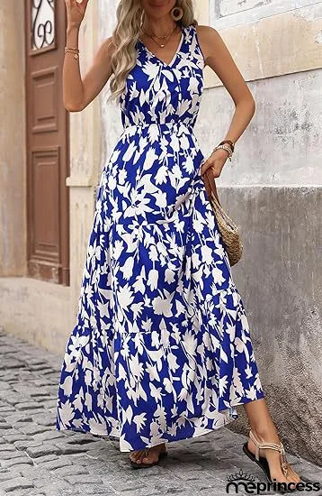 V-Neck Sleeveless Printed Maxi Dress