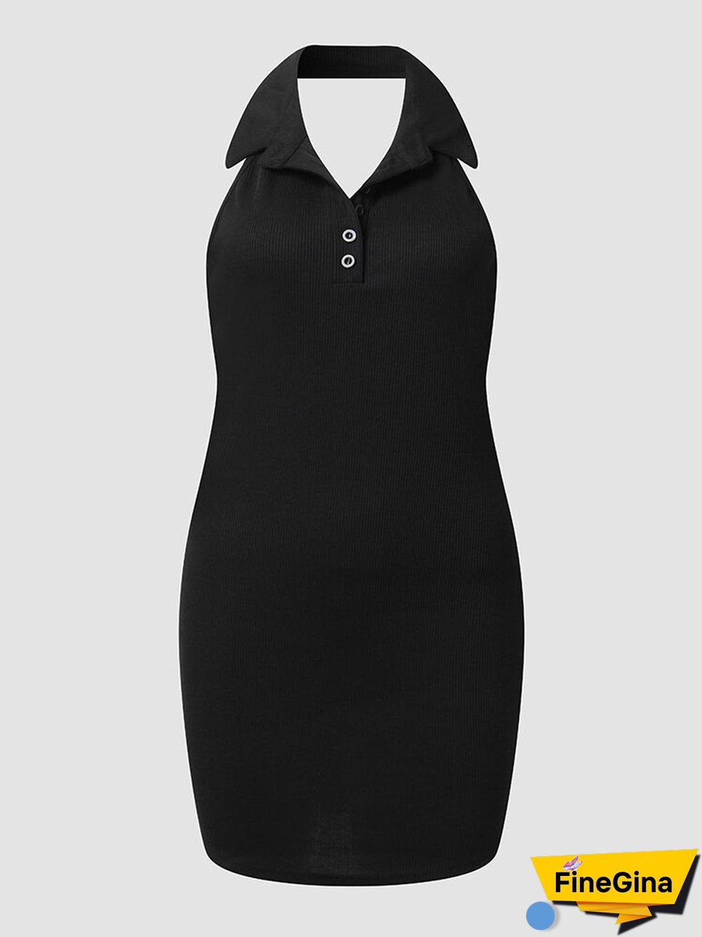 Pink Halter Ribbed Open Back Button Mini Bodycon Dress