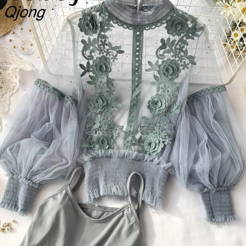 Qjong Women Tops Fashion Sexy Sheer Lace Blouse Lantern Sleeve 3D Floral Blouses Shirts Elegant Top Blusas Femininas