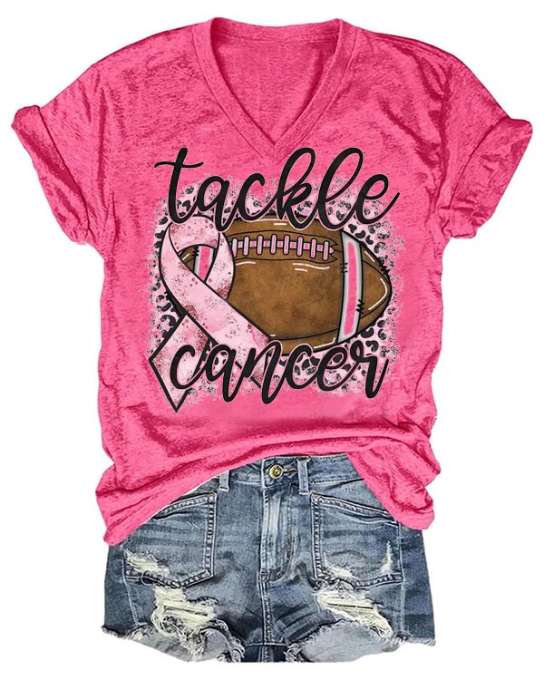 Breast Cancer Awareness Tackle Cancer Football Leopard Print T-Shirt