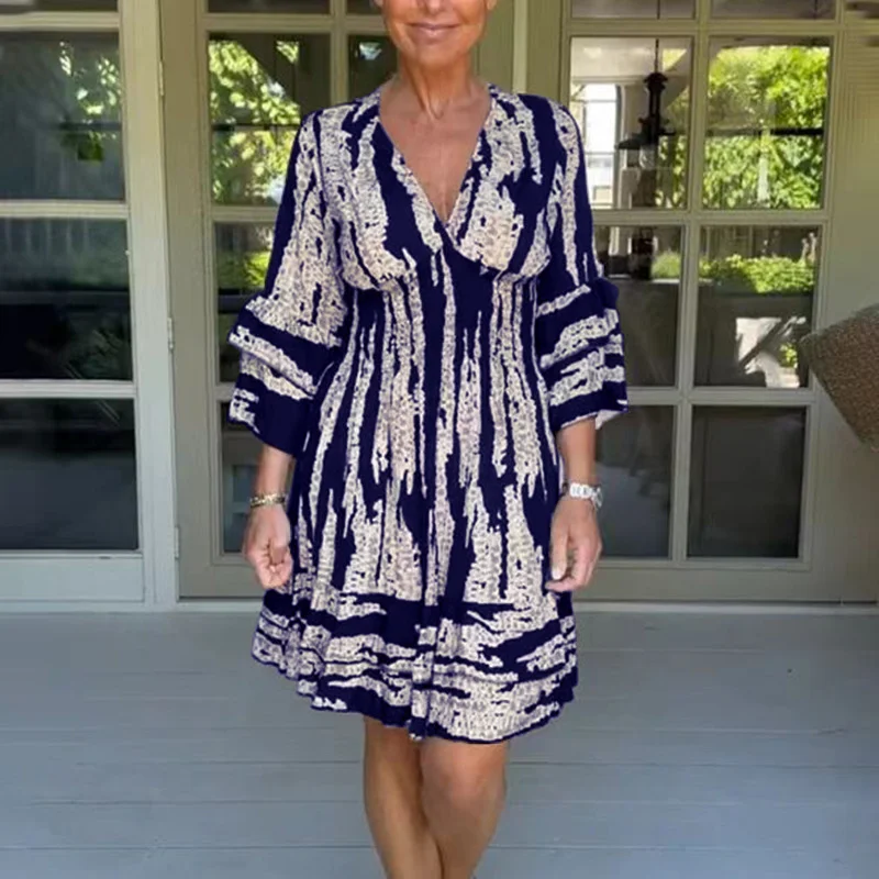 Mongw Mongw New Waist Horn Sleeve V-Neck Dress Summer Women's Print Medium Dress