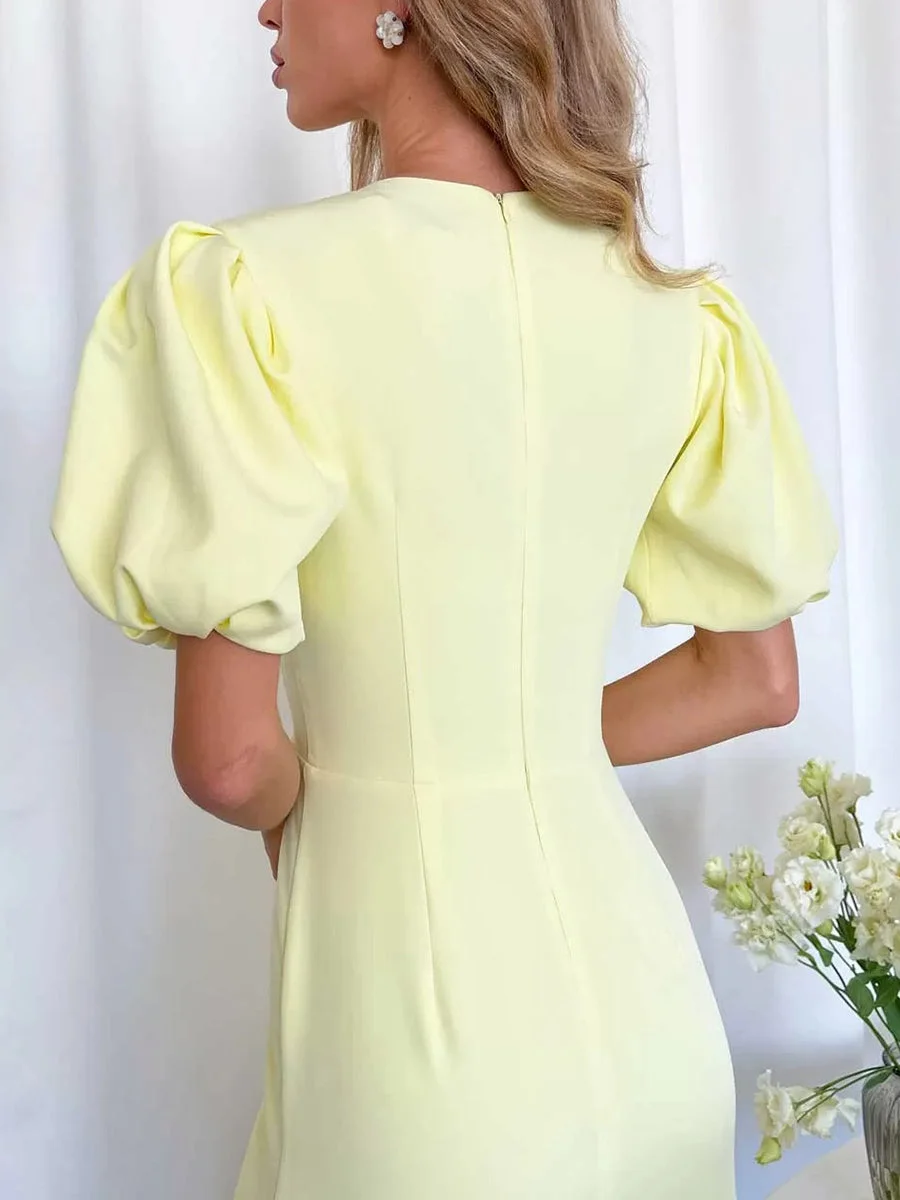 Simple High Waist Puff Sleeve Midi Dress