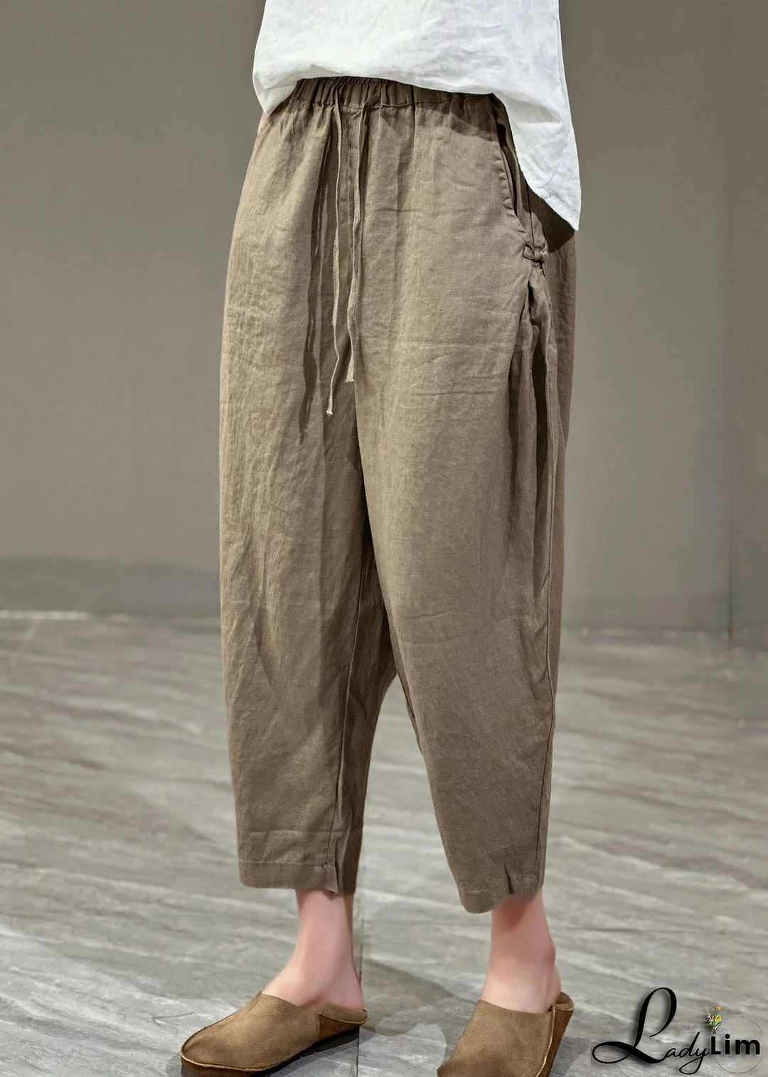 Casual Yellow Pockets Cinched Patchwork Linen Harem Pants Summer