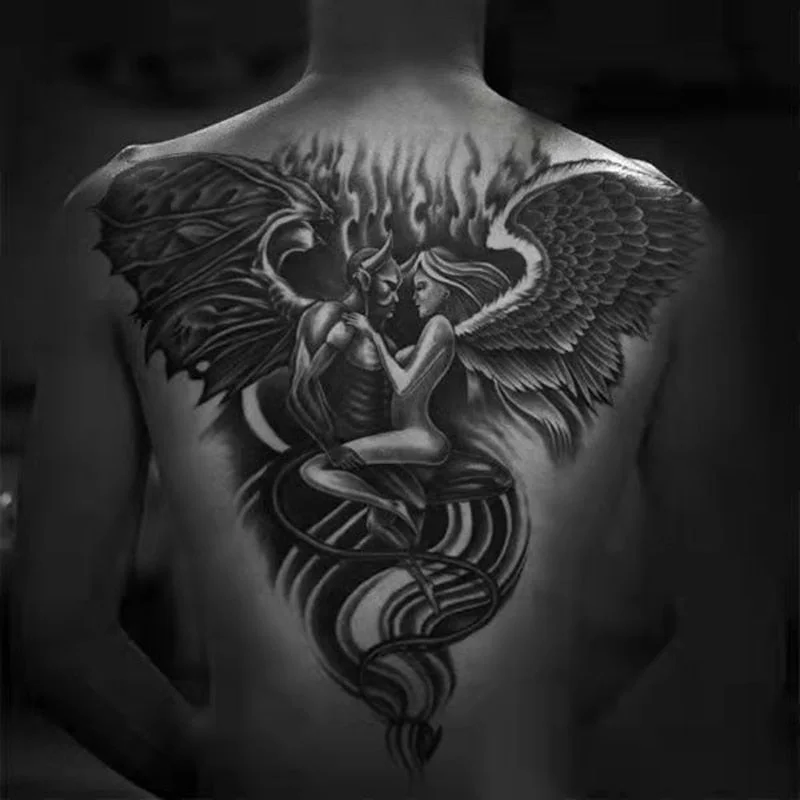 New Full Back Temporary Tattoo Stickers Men and Women Waterproof Personality Angel Devil Wings Art Fake Tattoo Black Tattoo Set