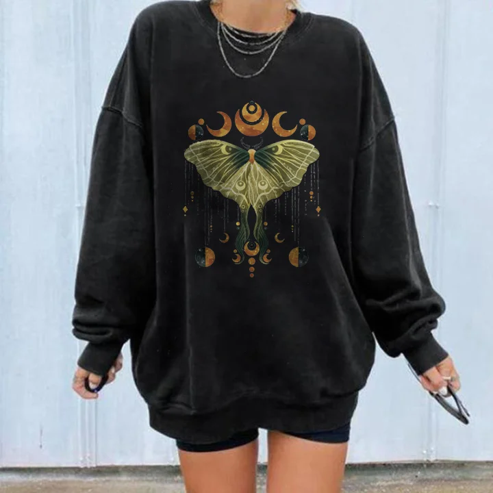   Mysterious Moth And Moons Printed Women's Loose Crew Neck Sweatshirt - Neojana