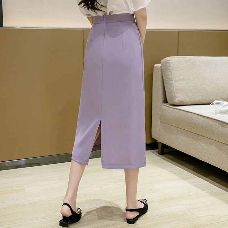 FTLZZ 2021 New Spring Summer Women High Waist Solid Color Medium Long Skirt Casual Female Slim Fit OL Style Split Black Skirts