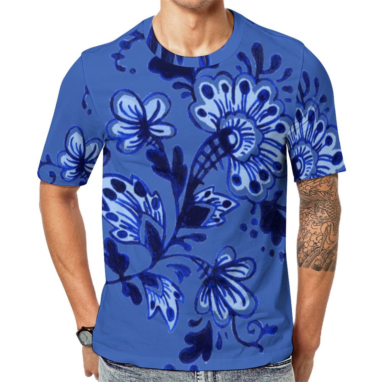 Elegant Chic Dutch Delft Blue Floral Art Short Sleeve Print Unisex Tshirt Summer Casual Tees for Men and Women Coolcoshirts