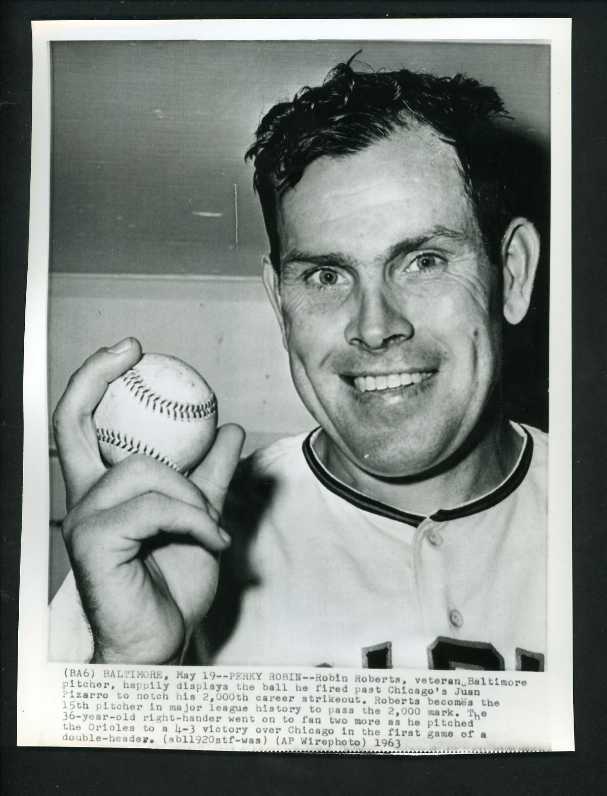 Robin Roberts 2,000th career strikeout 1963 Press Photo Poster painting Baltimore Orioles